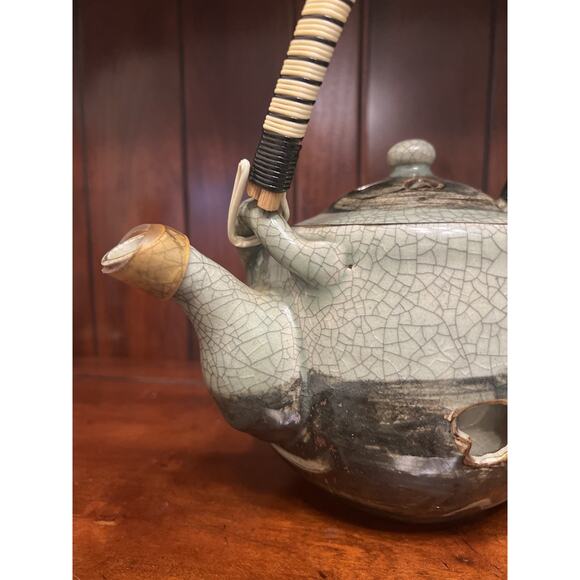 Otagiri Somaware Somayaki Gray-Green Heart Double Walled Tea Kettle 1940s - Picture 9 of 9